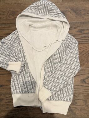 Monogram Zip Hoodie in Ivory and Light Gray
